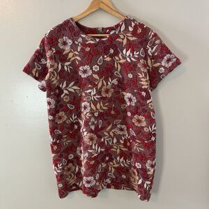 Bar By Melis Kozan Textured Tunic Top Red Floral Zip Back Short Sleeves …